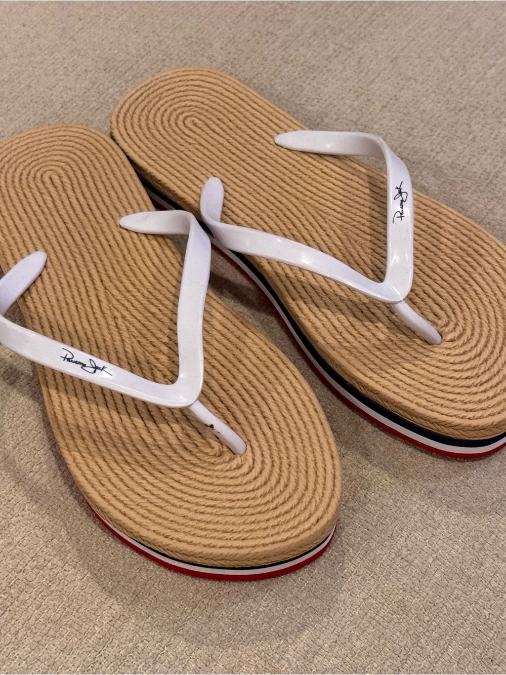 Panama Jack White-Strap Rope-Textured Sandal with Red and Black Sole Accents